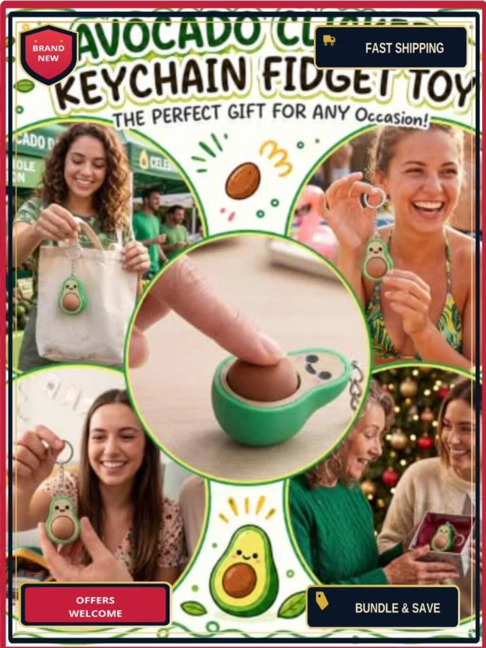24 Pack 3D Avocado Fidget Keychains with Cards, Stress Relief Toy for Adults,